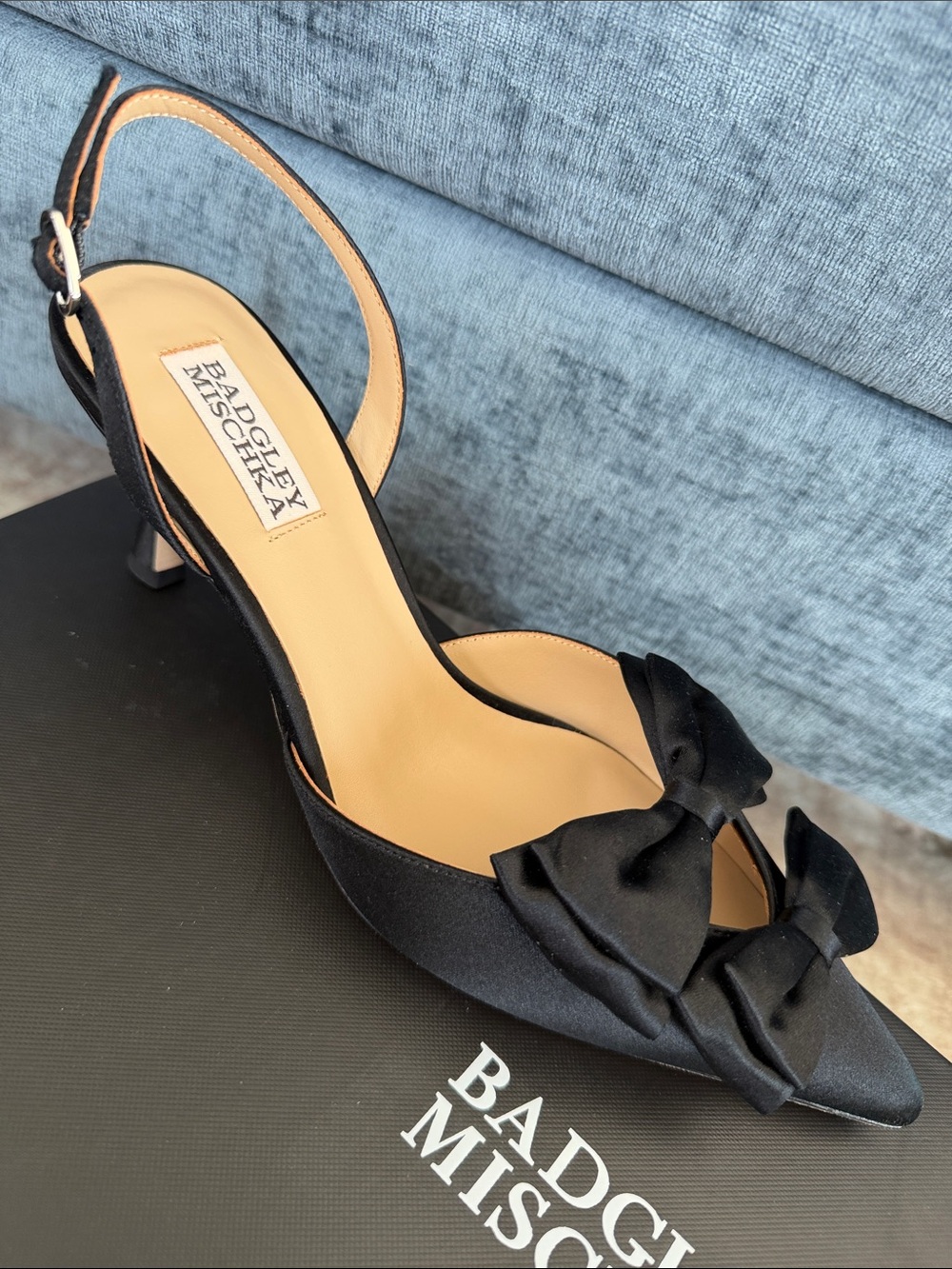 Badgley Mischka Giovanna Black Satin Bow Slingback Pumps